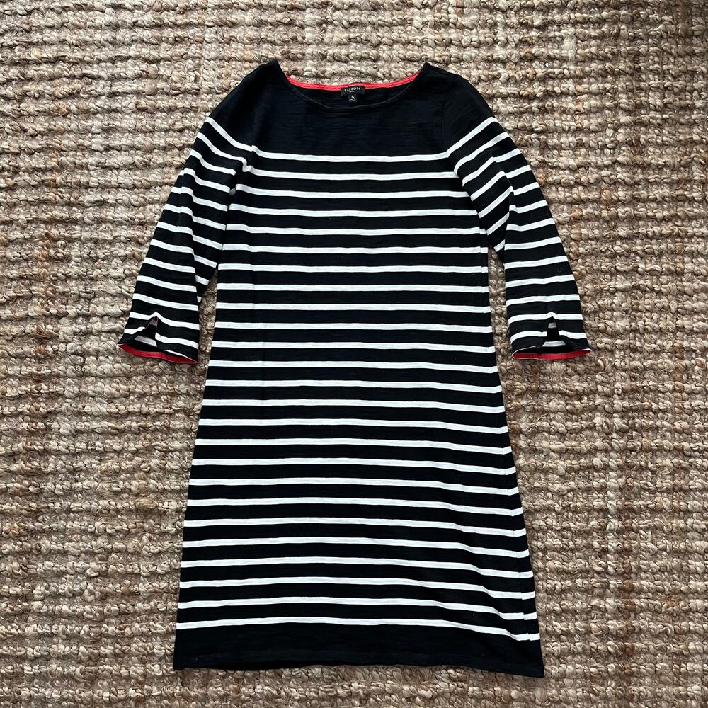 Talbots Petite Black White Striped Cotton Dress 3/4 Sleeve Size SP nautical